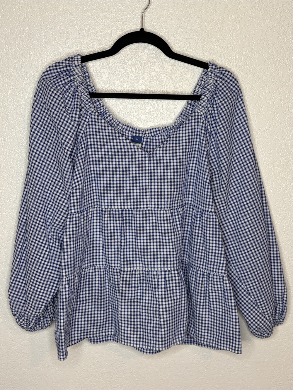 Old Navy Blue & White Classic Seersucker Gingham Tiered Top Size XL Picnic Chic